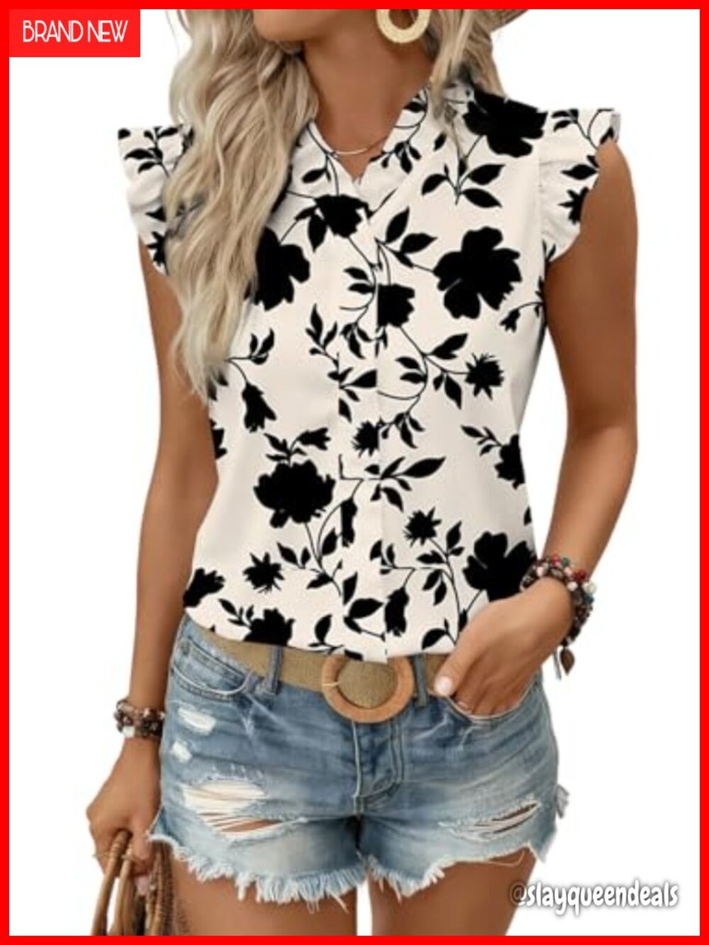 Womens Floral Chiffon Blouse Ruffle Sleeve V Neck Tank Top
